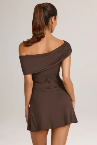 Rochie mini asimetrică în linie A din modal Suhana, culoare maro ciocolată