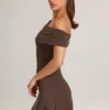 Rochie mini asimetrică în linie A din modal Suhana, culoare maro ciocolată