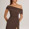 Rochie mini asimetrică în linie A din modal Suhana, culoare maro ciocolată