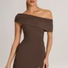 Rochie mini asimetrică în linie A din modal Suhana, culoare maro ciocolată