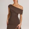 Rochie mini asimetrică în linie A din modal Suhana, culoare maro ciocolată