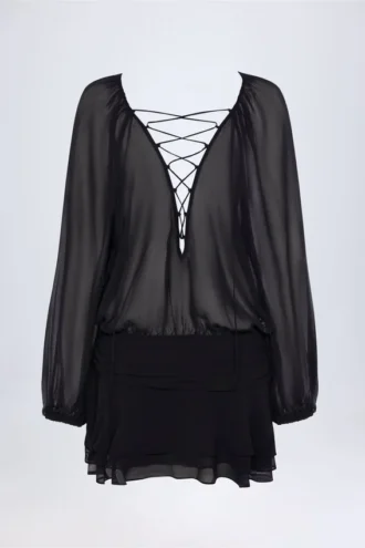 Rochie mini Avalon cu mâneci balon și șireturi, în negru