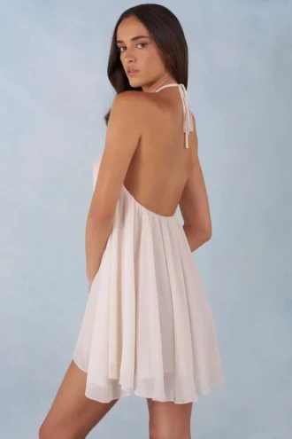 Rochie mini babydoll cu gât halter Evania, culoare ivoriu