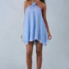 Rochie mini babydoll Evania cu gât halter, cu imprimeu cu buline albastre