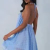 Rochie mini babydoll Evania cu gât halter, cu imprimeu cu buline albastre
