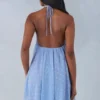 Rochie mini babydoll Evania cu gât halter, cu imprimeu cu buline albastre