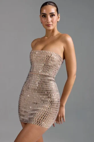 Rochie mini bandeau Aurora cu ornamente, culoare Almond