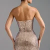 Rochie mini bandeau Aurora cu ornamente, culoare Almond