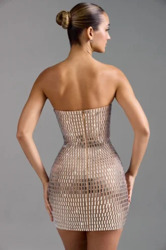 Rochie mini bandeau Aurora cu ornamente, culoare Almond
