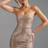 Rochie mini bandeau Aurora cu ornamente, culoare Almond