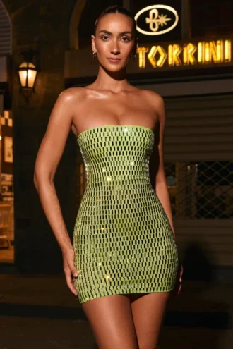 Rochie mini bandeau cu ornamente Aurora, verde pară
