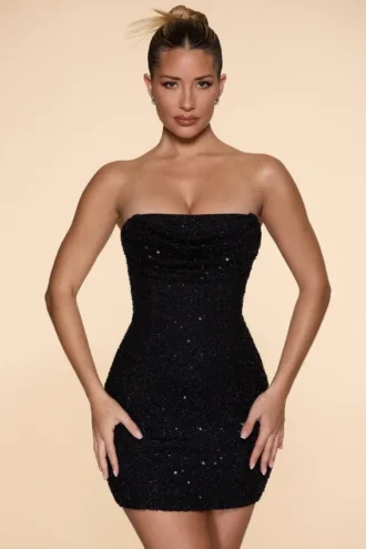 Rochie mini Basel fără bretele, cu guler cowl și ornamente, în culoarea neagră