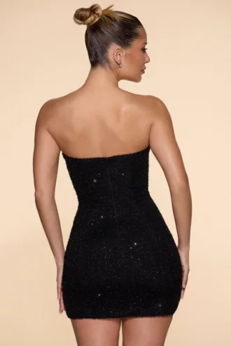 Rochie mini Basel fără bretele, cu guler cowl și ornamente, în culoarea neagră