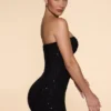 Rochie mini Basel fără bretele, cu guler cowl și ornamente, în culoarea neagră