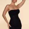 Rochie mini Basel fără bretele, cu guler cowl și ornamente, în culoarea neagră
