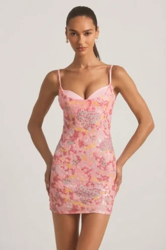 Rochie mini bodycon cu bretele și decorațiuni Velena, roz