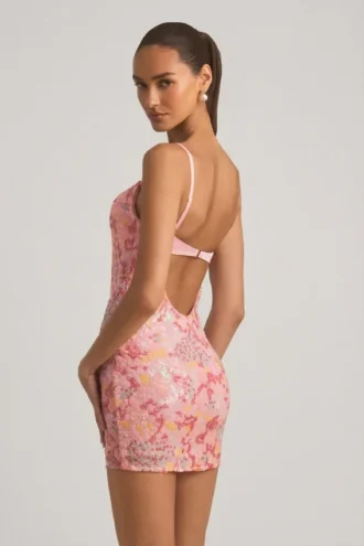 Rochie mini bodycon cu bretele și decorațiuni Velena, roz