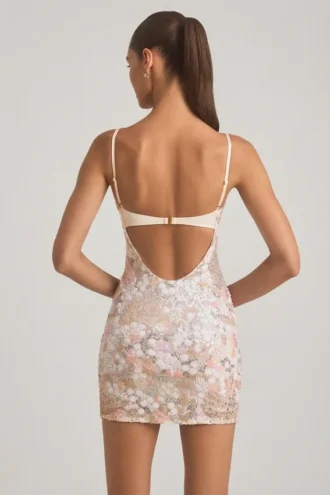 Rochie mini bodycon cu bretele și ornamente Velena, în culoarea ivoriu