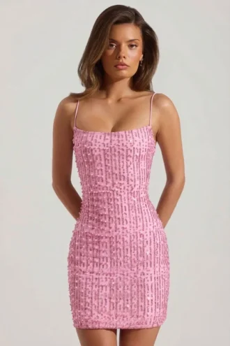 Rochie mini bodycon cu decolteu rotund și ornamente Lunetta, roz