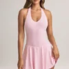 Rochie mini Brooke cu gât halter și croi în A, din modal, în roz pastel