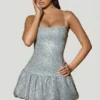 Rochie mini Callie cu tiv bufant și ornamente, argintie