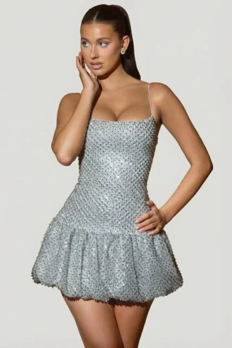 Rochie mini Callie cu tiv bufant și ornamente, argintie