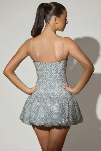 Rochie mini Callie cu tiv bufant și ornamente, argintie