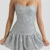 Rochie mini Callie cu tiv bufant și ornamente, argintie