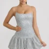 Rochie mini Callie cu tiv bufant și ornamente, argintie