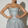 Rochie mini Callie cu tiv bufant și ornamente, argintie