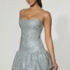 Rochie mini Callie cu tiv bufant și ornamente, argintie