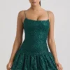 Rochie mini Callie cu tiv bufant și ornamente, în culoarea verde-albastru