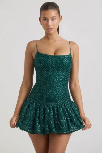 Rochie mini Callie cu tiv bufant și ornamente, în culoarea verde-albastru