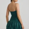 Rochie mini Callie cu tiv bufant și ornamente, în culoarea verde-albastru