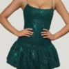 Rochie mini Callie cu tiv bufant și ornamente, în culoarea verde-albastru