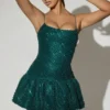 Rochie mini Callie cu tiv bufant și ornamente, în culoarea verde-albastru