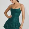 Rochie mini Callie cu tiv bufant și ornamente, în culoarea verde-albastru