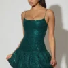 Rochie mini Callie cu tiv bufant și ornamente, în culoarea verde-albastru