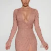 Rochie mini Chelsea cu decupaj în A și ornamente, în culoarea bej