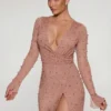 Rochie mini Chelsea cu decupaj în A și ornamente, în culoarea bej