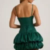 Rochie mini Clarice din satin cu corset și tiv bufant, în culoarea verde smarald