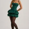Rochie mini Clarice din satin cu corset și tiv bufant, în culoarea verde smarald