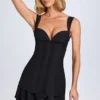 Rochie mini corset Cassandra cu volane și detalii cu nasturi, în negru
