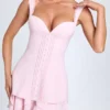 Rochie mini corset Cassandra cu volane și detalii cu nasturi, în nuanța Blush