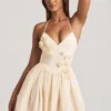 Rochie mini corset cu aplicații florale și gât halter Augusta, culoare ivoriu
