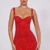 Rochie mini corset cu decolteu în formă de inimă și ornamente Ines, în roșu aprins