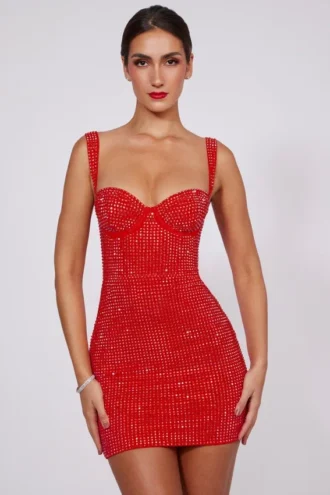 Rochie mini corset cu decolteu în formă de inimă și ornamente Ines, în roșu aprins Rochie mini corset cu decolteu în formă de inimă și ornamente Ines, în roșu aprins
