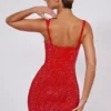 Rochie mini corset cu decolteu în formă de inimă și ornamente Ines, în roșu aprins