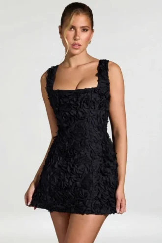 Rochie mini corset cu decolteu pătrat și aplicații florale Posy, negru Rochie mini corset cu decolteu pătrat și aplicații florale Posy, negru