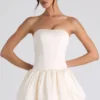 Rochie mini corset cu șireturi și tiv bufant Fabiola, culoare ivoriu